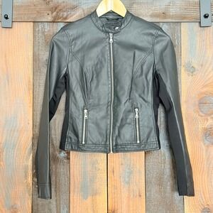 Express Womens Black Faux Leather Moto Jacket Mixed Media Zip Up XS